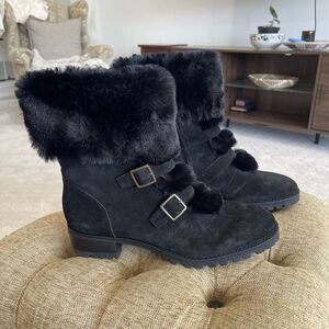 Talbots Black Suede Boots Furry Cuffed Trish Snow 9.5 M Zip No Slip Brazil